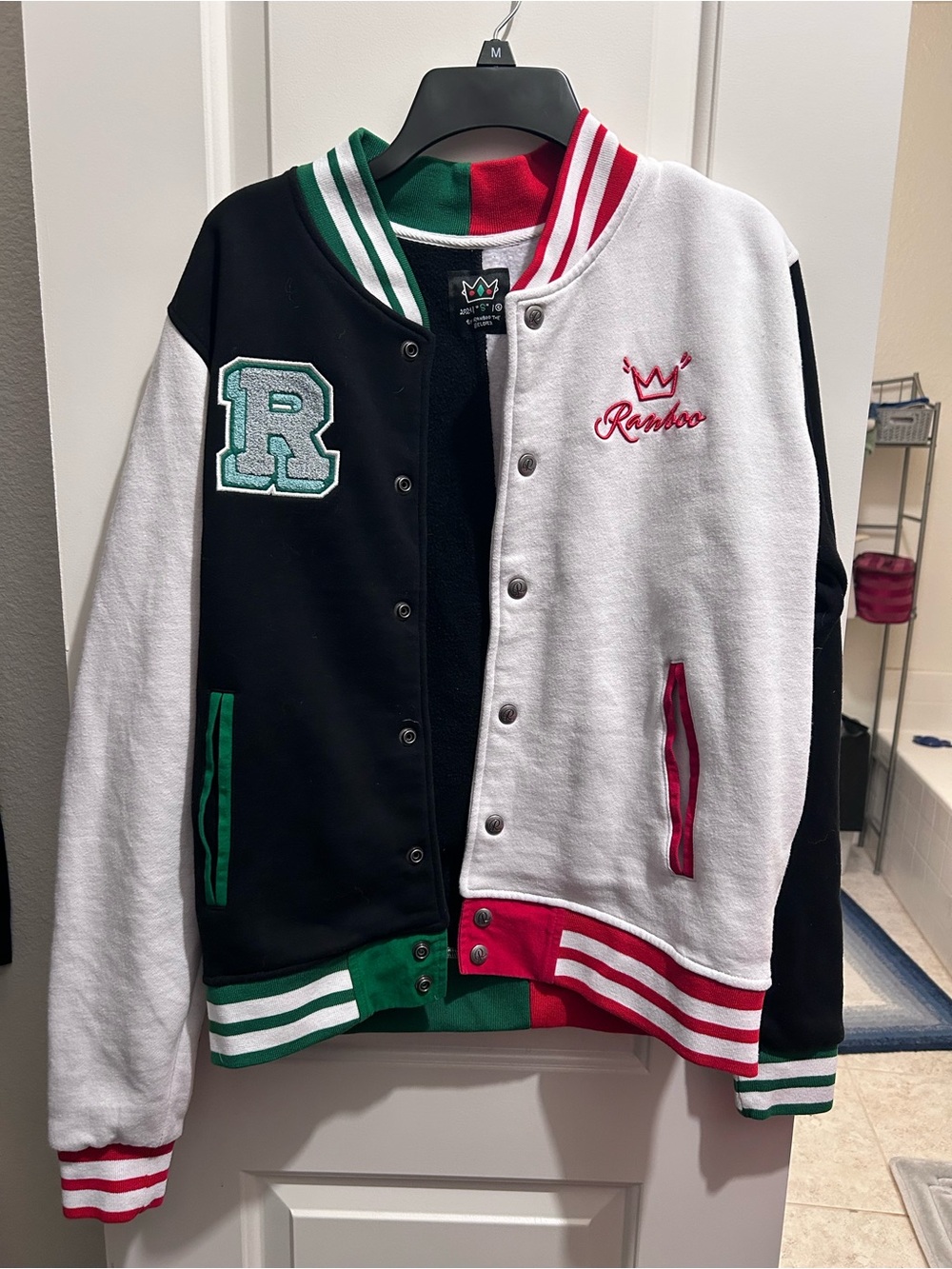 Rambo the Beloved Black & White Varsity Bomber Jacket with Green & Red Trim